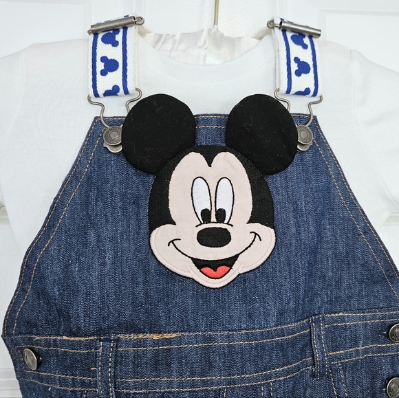 Disney Mickey Mouse Blue Denim Overalls + Shirt Baby Kids New 18-24M - Picture 3 of 6